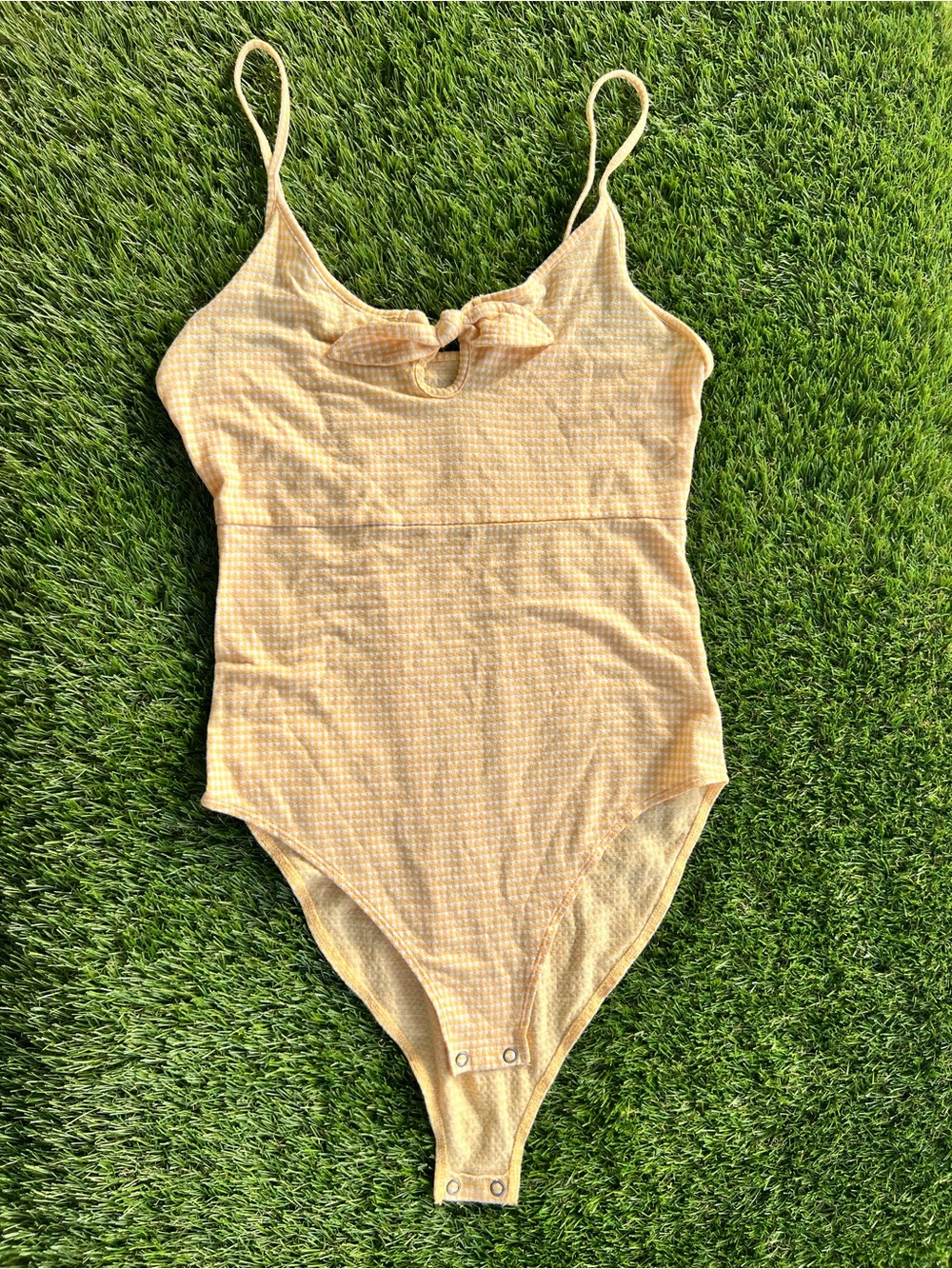 American Eagle Outfitters Yellow Gingham One-Piece Bodysuit with Front Tie